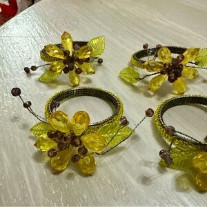 Vintage Floral And Leaves Design Green And Yellow Beaded Napkin Rings Set Of 4